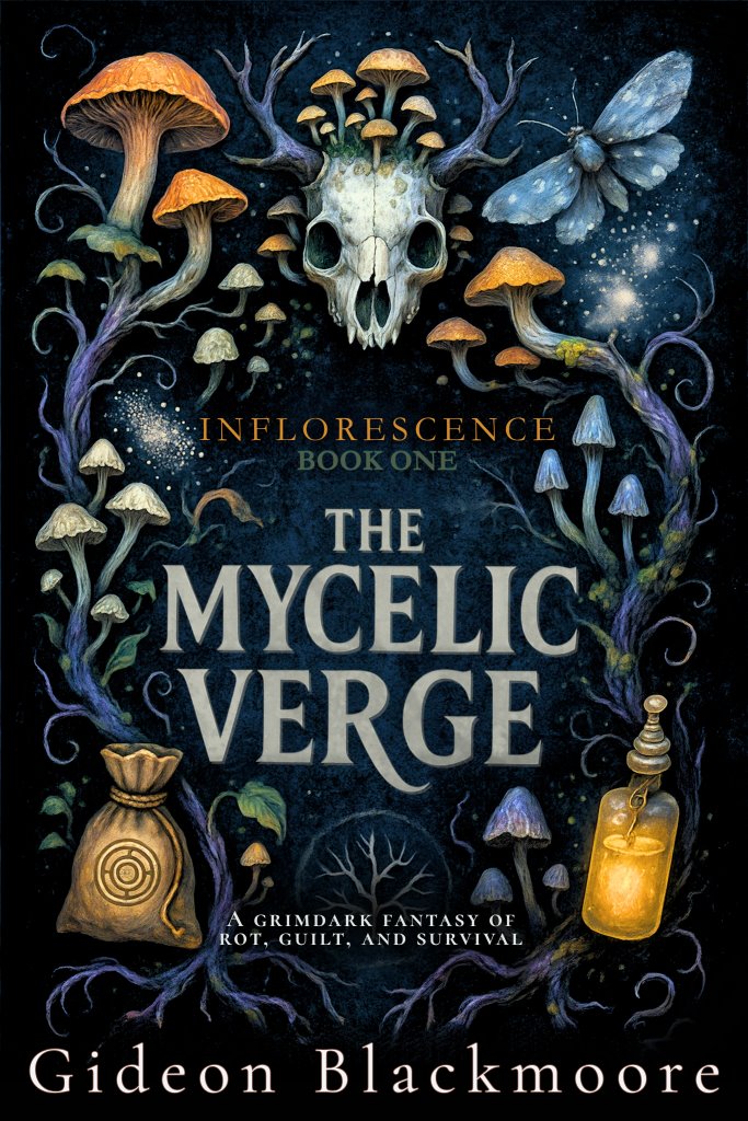 The Mycelic Verge book cover with mushrooms, skull, moth, and dark forest imagery